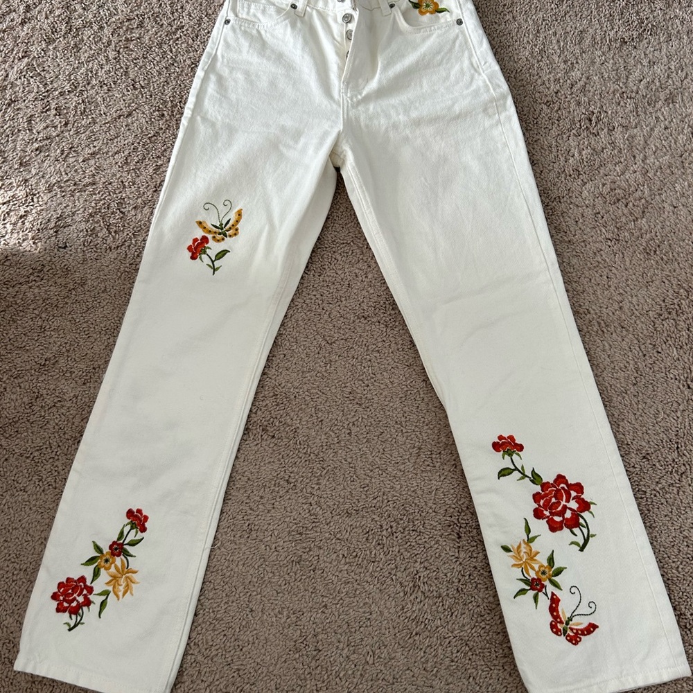 Floral Embroidered White Jeans
